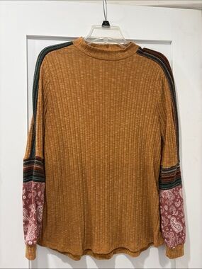 Women’s Rust Ribbed Long-Sleeve Sweater with Patterned Cuffs